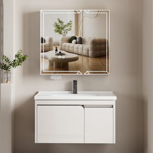 不锈钢小户型奶油风浴室柜现代简约卫生间洗漱台陶瓷一体组合