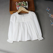 女童秋装2023韩版女孩方领花边，泡泡袖公主长袖白色棉衬衫