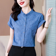 棉麻衬衫女士短袖夏季苎麻衬衣，中式国风盘扣小衫立领亚麻上衣