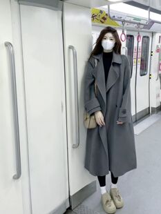 高级感灰色呢子大衣女秋冬装韩系赫本风宽松大码长款毛呢外套