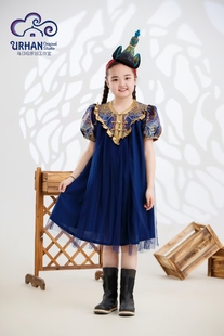 suunai.wrh夏季儿童女童童装纱裙，公主裙短袖蓬蓬蓝色民族风洋气
