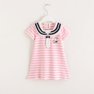 女童短袖t恤裙夏季宝宝中大童韩版海军风条纹，儿童中长上衣裙