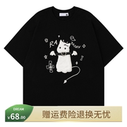 DREAM美式复古刺绣猫咪短袖t恤女甜酷宽松设计小众潮牌亚文化上衣