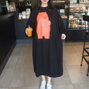 2023秋季韩国东大门大码女卡通小熊蝙蝠袖宽松中长款套头卫衣裙棉