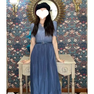 法式夏季高定渐变色，连衣裙蓝色简约v领花苞度假旅游裙子