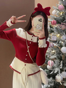 尤猫 YO MAO圣诞毛衣女2022年秋冬大红色拼接纯欲氛围感上衣