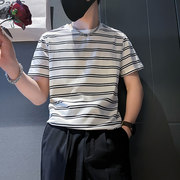 les帅t青年夏季条纹圆领短袖T恤男矮小个子S号XS码休闲修身打底衫
