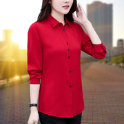 大码衬衫女士长袖，春季漂亮雪纺衫显瘦上衣气质职业装红色衬衣