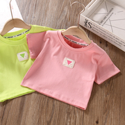 女大童短袖t恤夏季纯棉，粉绿色半袖时尚丅恤薄款儿童高腰短款上衣