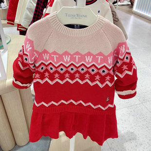 秋冬款女童针织提花拼接毛衣，连衣裙中大童红色长袖裙tkok231151b