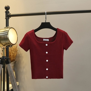 港风酒红色复古方领短款短袖，针织t恤女夏季冰丝，修身针织衫上衣薄