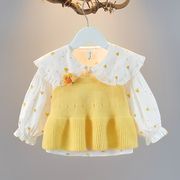 女宝宝秋装长袖衬衫+针织马甲，套装1-4岁女童印花衬衣小童甜美衣服