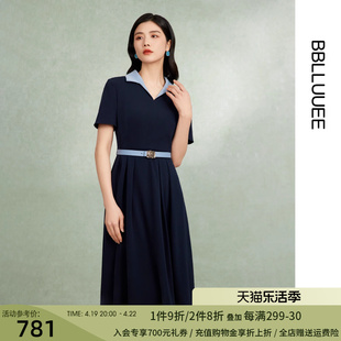 bblluuee粉蓝衣橱2024夏装，时尚干练ol连衣裙，撞色翻领短袖裙