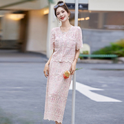 2024轻奢风粉色蕾丝法式套裙女夏季短袖西装设计感重工半身裙套装