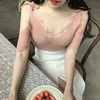 2024韩国夏季裸粉色绑带，露肩微透针织衫，短袖性感女上衣