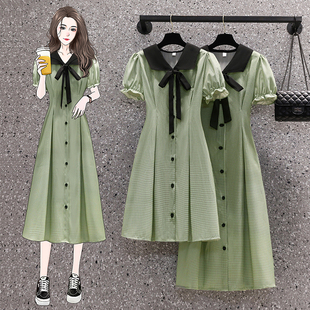微胖女神穿搭夏大码设计感绿色格子衬衫POLO领显瘦连衣裙