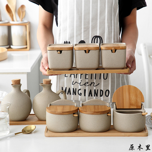 日式创意简约竹盖养身陶，调味罐厨房调味调料盒，防潮糖盐罐三件套装