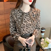 韩版气质优雅时髦高级设计感双层娃娃领豹纹衬衫，女ins潮秋装上衣