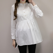 孕妇衬衣春装长袖中长款立领上衣新韩版宽松时尚白色职业打底衬衫