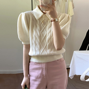 韩国chic夏季小众气质翻领拼接假两件麻花纹设计宽松短袖针织毛衣