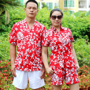 海南岛服沙滩服衬衫夏威夷短袖衬衫男女，三亚旅游衣服情侣宽松套装