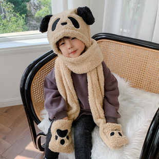 学生加厚保暖可爱熊猫耳朵会动亲子，帽子手套围巾，三件一体男女童冬