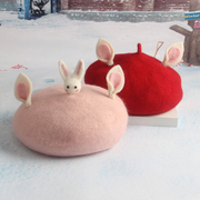韩国手工羊毛毡兔子耳朵儿童贝雷帽女2一3岁秋冬季女童英伦蓓蕾帽