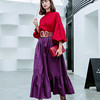 宫廷风连衣裙女纯棉布，复古红蝴蝶结上衣紫色荷叶，边半身长裙两件套