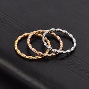 欧美韩版简约水滴椭圆镀18k金戒指女士气质，曲线钛钢指环饰品