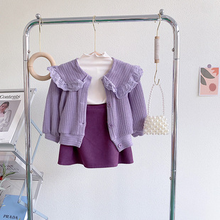 网红女童装紫色蕾丝翻领单排扣儿童外套2023秋装，宝宝针织开衫