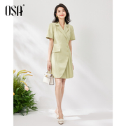 OSA欧莎绿色短袖西装连衣裙女夏季2023年小个子气质显瘦裙子