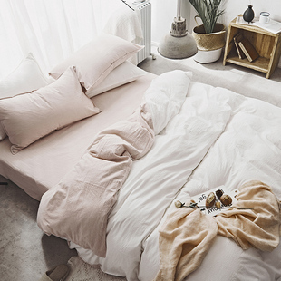 日式简约水洗棉四件套双拼纯色，双人2米床，纯棉床笠款被套床上用品