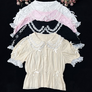 原创lolita洋装纯棉甜美短袖，衬衫娃娃领短款高腰显瘦内搭夏