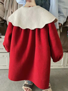 韩国童装女童大衣毛呢外套秋冬红色过年服儿童加厚保暖中长款呢子