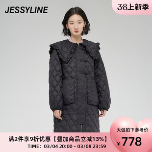 杰茜莱时尚黑色娃娃，领中长款羽绒服，女装冬季外套潮jessyline