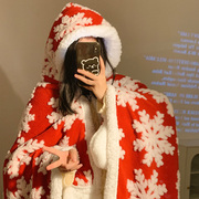 雪花红色披肩斗篷女冬季保暖办公室午睡懒人披风，毯子帽子围巾手套