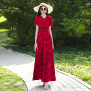 茶歇法式连衣裙酒红色收腰显瘦2024夏高级感超长裙到脚踝1703