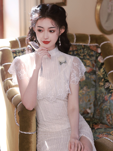 白色蕾丝旗袍2024春夏，复古民国风大小姐，洋装订婚礼服连衣裙