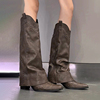 网红v口棕色不过膝长靴，女复古尖头铆钉，裤管靴高筒粗跟西部牛仔靴