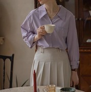 Dallyant 法式v领衬衫上衣女春高级感气质休闲通勤淡紫色纯棉衬衣