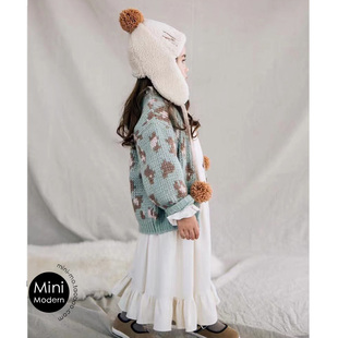 minimodern韩国进口冬款女童舒适加绒加厚白色，长袖连衣裙护耳帽