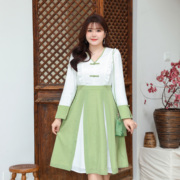大码女装新中式国风连衣裙2024春季胖mm显瘦文艺气质绿色裙子