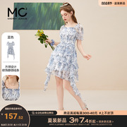 mc2方领连衣裙女装设计感显瘦时尚气质小个子短裙仙女蓝色连身裙