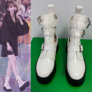 高定版王心凌同款鞋，白色马丁靴女夏季薄款2023年靴子短靴