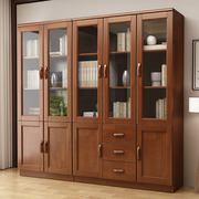 中式原木全实木大书柜 带玻璃门自由组合储物柜 简约单个三门书橱