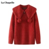 拉夏贝尔/La Chapelle红色翻领套头毛衣女秋冬气质针织衫上衣