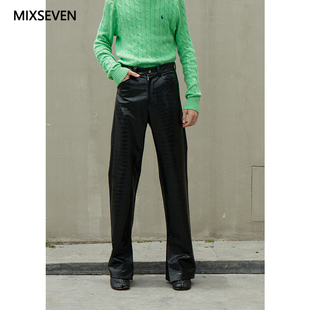 mixseven原创秋冬鳄鱼纹，高腰直筒皮裤男黑色，侧开叉设计长裤潮
