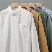 美式重磅长袖衬衫男秋季纯棉，高级感休闲纯色白色翻领衬衣复古外套