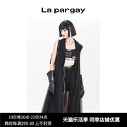 Lapargay纳帕佳春季女装黑色上衣个性时尚休闲无袖长款马甲潮
