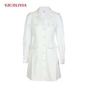 vjcolivia2023秋冬白色，法式西装连衣裙泡泡袖，商务通勤裙女装